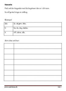 Elevopgave med bogstavsrim og elevens navn.