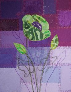 Tekstile blomsterbilleder. kan bruges som postkort. Undervisning i håndværk og design.