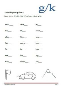 Elevopgave med ord som slutter på g eller k.