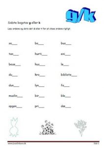 Elevopgave med ord som slutter på g eller k.