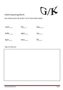 Elevopgave med ord som slutter på g eller k.