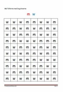 Elevopgaver med genkendelse af bogstaver. m,w.