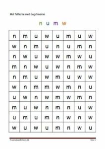 Elevopgaver med genkendelse af bogstaver. n, u, m, w.