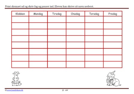 Skoleskema til skolestart og omlagte uger.
