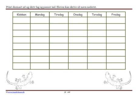 Skoleskema til skolestart og omlagte uger.