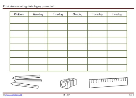 Skoleskema til skolestart og omlagte uger.