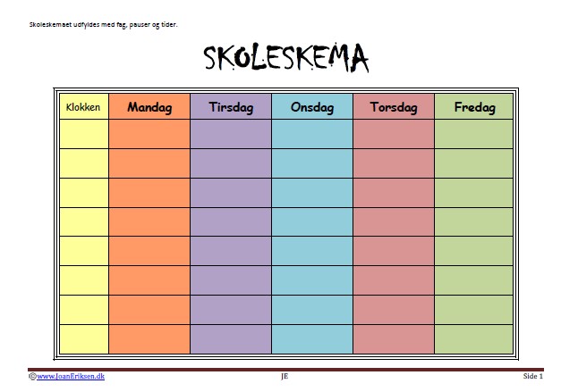 Skoleskema til skolestart og omlagte uger.