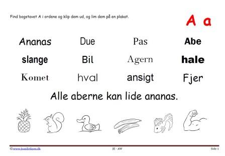 Elevopgave til dansk: Find bogstavslyden. Mal illustrationerne og klip dem ud.