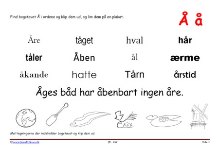 Elevopgave til dansk: Find bogstavslyden. Mal illustrationerne og klip dem ud.