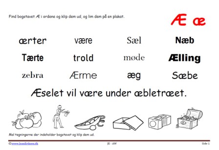 Elevopgave til dansk: Find bogstavslyden. Mal illustrationerne og klip dem ud.