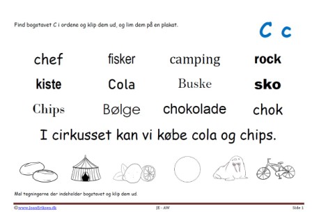 Elevopgave til dansk: Find bogstavslyden. Mal illustrationerne og klip dem ud.