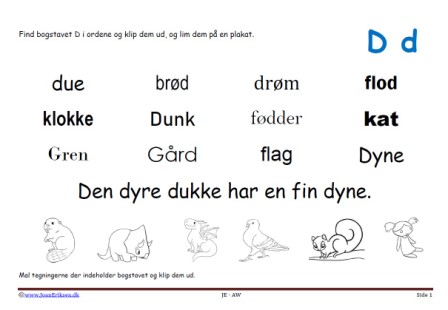 Elevopgave til dansk: Find bogstavslyden. Mal illustrationerne og klip dem ud.