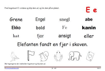 Elevopgave til dansk: Find bogstavslyden. Mal illustrationerne og klip dem ud.