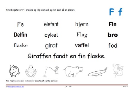 Elevopgave til dansk: Find bogstavslyden. Mal illustrationerne og klip dem ud.