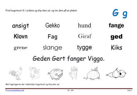 Elevopgave til dansk: Find bogstavslyden. Mal illustrationerne og klip dem ud.