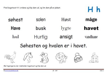 Elevopgave til dansk: Find bogstavslyden. Mal illustrationerne og klip dem ud.