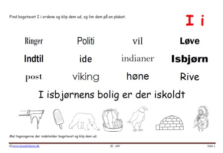 Elevopgave til dansk: Find bogstavslyden. Mal illustrationerne og klip dem ud.