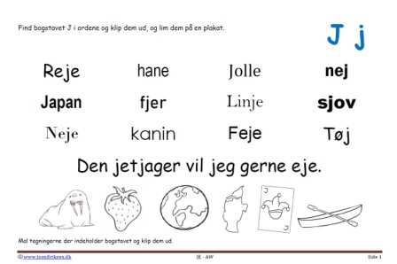 Elevopgave til dansk: Find bogstavslyden. Mal illustrationerne og klip dem ud.