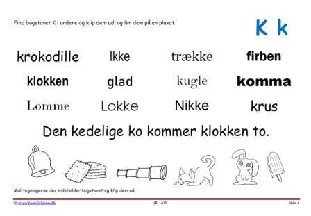 Elevopgave til dansk: Find bogstavslyden. Mal illustrationerne og klip dem ud.