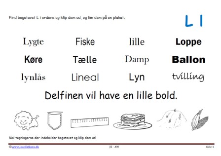 Elevopgave til dansk: Find bogstavslyden. Mal illustrationerne og klip dem ud.