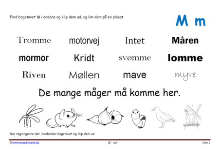 Elevopgave til dansk: Find bogstavslyden. Mal illustrationerne og klip dem ud.