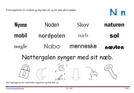 Elevopgave til dansk: Find bogstavslyden. Mal illustrationerne og klip dem ud.