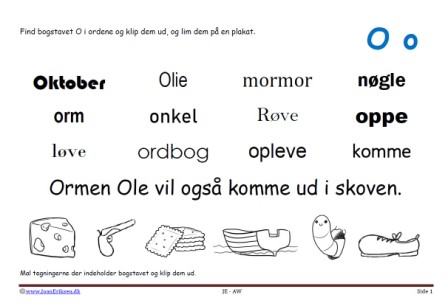 Elevopgave til dansk: Find bogstavslyden. Mal illustrationerne og klip dem ud.