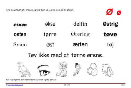 Elevopgave til dansk: Find bogstavslyden. Mal illustrationerne og klip dem ud.