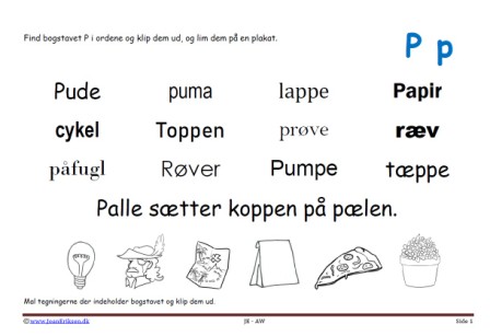 Elevopgave til dansk: Find bogstavslyden. Mal illustrationerne og klip dem ud.