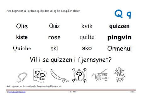 Elevopgave til dansk: Find bogstavslyden. Mal illustrationerne og klip dem ud.