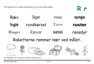 Elevopgave til dansk: Find bogstavslyden. Mal illustrationerne og klip dem ud.