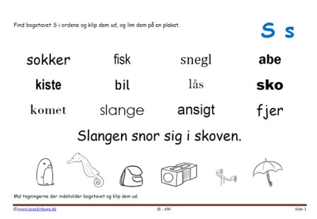 Elevopgave til dansk: Find bogstavslyden. Mal illustrationerne og klip dem ud.