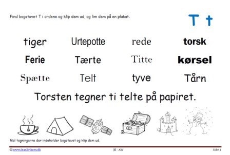 Elevopgave til dansk: Find bogstavslyden. Mal illustrationerne og klip dem ud.