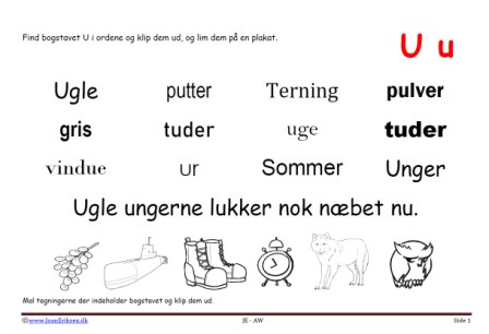 Elevopgave til dansk: Find bogstavslyden. Mal illustrationerne og klip dem ud.