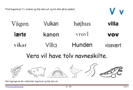 Elevopgave til dansk: Find bogstavslyden. Mal illustrationerne og klip dem ud.