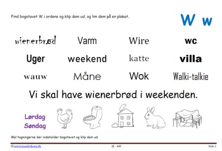 Elevopgave til dansk: Find bogstavslyden. Mal illustrationerne og klip dem ud.