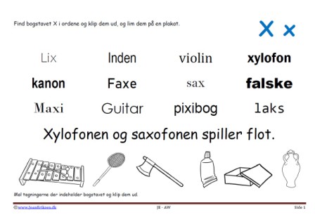 Elevopgave til dansk: Find bogstavslyden. Mal illustrationerne og klip dem ud.