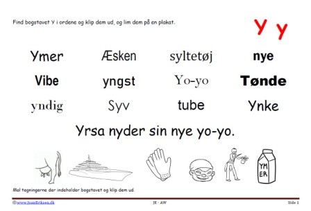 Elevopgave til dansk: Find bogstavslyden. Mal illustrationerne og klip dem ud.