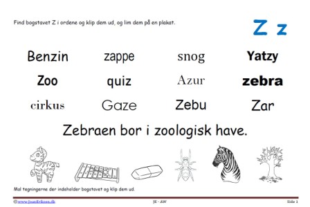 Elevopgave til dansk: Find bogstavslyden. Mal illustrationerne og klip dem ud.