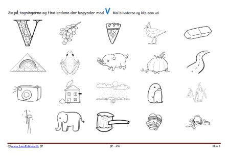 Opgave med forlyd. Eleverne arbejder med et bogstav, og maler, klipper illustrationerne ud og hænger dem op på en plakat.