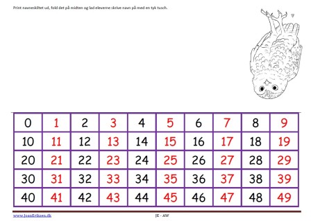 Navneskilt til matematik med tal 0-49.