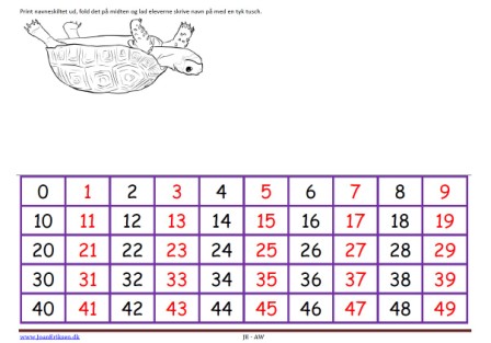 Navneskilt til matematik med tal 0-49.