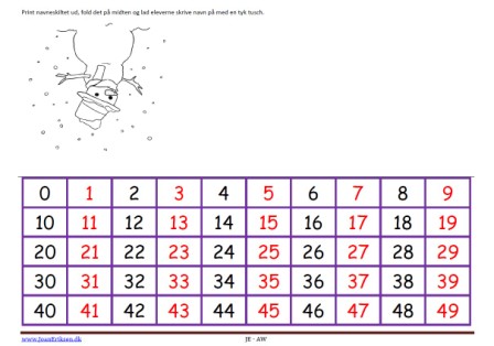 Navneskilt til matematik med tal 0-49.