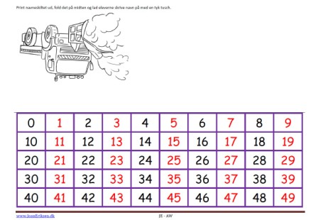 Navneskilt til matematik med tal 0-49.