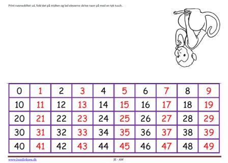 Navneskilt til matematik med tal 0-49.