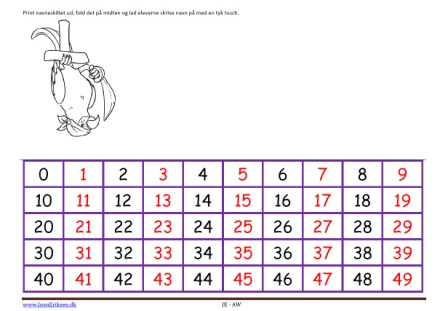 Navneskilt til matematik med tal 0-49.