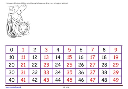 Navneskilt til matematik med tal 0-49.