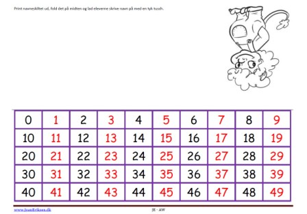 Navneskilt til matematik med tal 0-49.