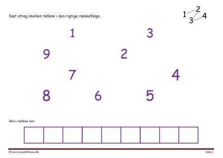 Sæt streg imellem tallene i den rigtige rækkefølge. Elevopgave til talrækken.