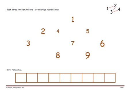 Sæt streg imellem tallene i den rigtige rækkefølge. Elevopgave til talrækken.
